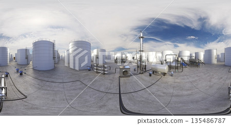 spherical panorama of the oil refinery, chemical production, waste processing plant, exterior visualization, 3D illustration 135486787