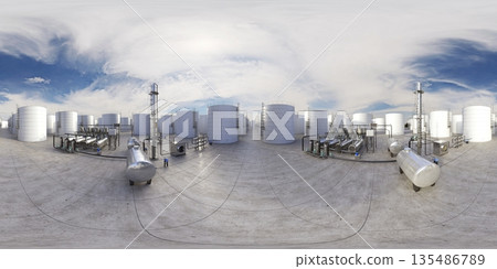 spherical panorama of the oil refinery, chemical production, waste processing plant, exterior visualization, 3D illustration spherical panorama of the oil refinery, chemical production, waste processing plant, exterior visualization, 3D illustration 135486789