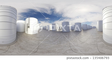 spherical panorama of the oil refinery, chemical production, waste processing plant, exterior visualization, 3D illustration spherical panorama of the oil refinery, chemical production, waste processing plant, exterior visualization, 3D illustration 135486793