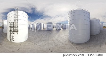 spherical panorama of the oil refinery, chemical production, waste processing plant, exterior visualization, 3D illustration spherical panorama of the oil refinery, chemical production, waste processing plant, exterior visualization, 3D illustration 135486801