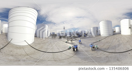 spherical panorama of the oil refinery, chemical production, waste processing plant, exterior visualization, 3D illustration 135486806