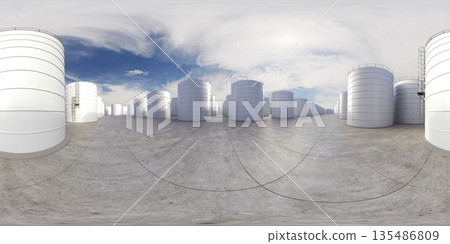 spherical panorama of the oil refinery, chemical production, waste processing plant, exterior visualization, 3D illustration 135486809