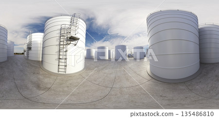 spherical panorama of the oil refinery, chemical production, waste processing plant, exterior visualization, 3D illustration 135486810
