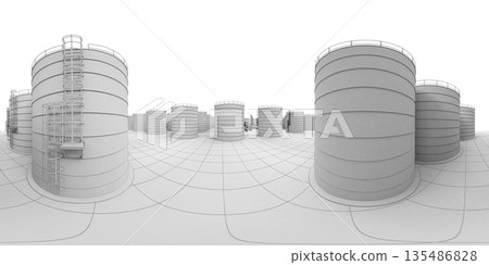 spherical panorama of the oil refinery, chemical production, waste processing plant, exterior visualization, 3D illustration spherical panorama of the oil refinery, chemical production, waste processing plant, exterior visualization, 3D illustration 135486828