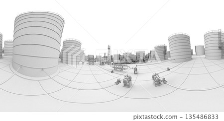 spherical panorama of the oil refinery, chemical production, waste processing plant, exterior visualization, 3D illustration 135486833