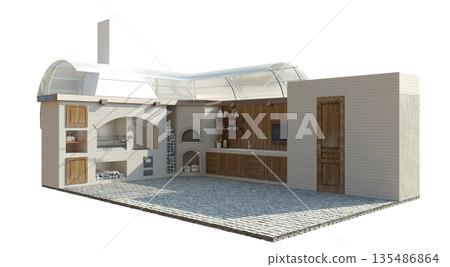 barbecue area, exterior visualization, 3D illustration barbecue area, exterior visualization, 3D illustration 135486864
