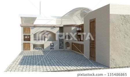 barbecue area, exterior visualization, 3D illustration 135486865