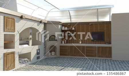 barbecue area, exterior visualization, 3D illustration barbecue area, exterior visualization, 3D illustration 135486867