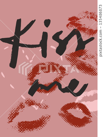 Vector poster illustration of red lips print. Romantic love symbol perfect for Valentines Day holiday, wedding designs, posters, invitations and festive decor. 135486873