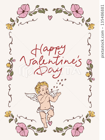 Colorful vector poster illustration of a cute Cupid angel with hearts and flowers. Romantic love symbol perfect for Valentines Day holiday, wedding designs, posters, invitations and festive decor. Colorful vector poster illustration of a cute Cupid angel with hearts and flowers. Romantic love symbol perfect for Valentines Day holiday, wedding designs, posters, invitations and festive decor. 135486881