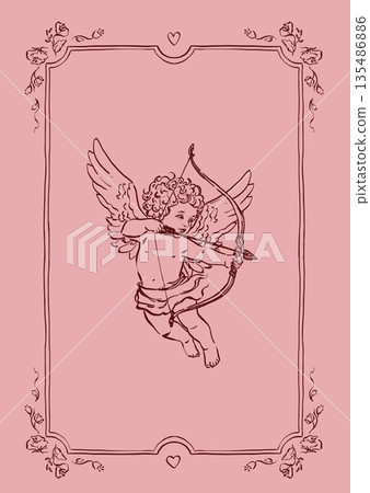 Vector poster with illustration of cute Cupid angel with bow and arrow. Romantic love symbol perfect for Valentines Day holiday, wedding designs, posters, invitations and festive decor. 135486886