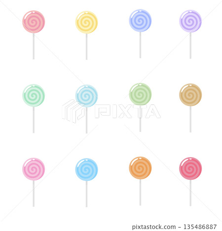 Pastel Swirl Lollipop Vector Set, Colorful Round Candy Illustrations on White Background 135486887