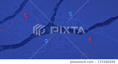 Isometric Gps map navigation to own pin. Abstract transportation background. Track navigation pins on street maps, position pin. City top view. Vector illustration Isometric Gps map navigation to own pin. Abstract transportation background. Track navigation pins on street maps, position pin. City top view. Vector illustration 135486899