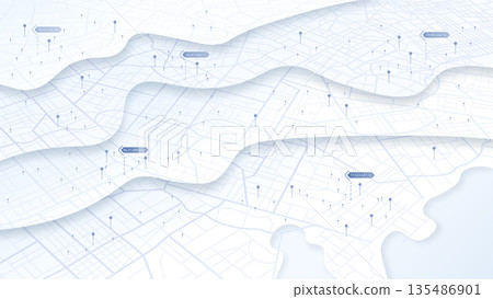 GPS pins on the city map. Transportation delivery, map location. Background road map with distance data. Isometric street roads and location. Vector illustration GPS pins on the city map. Transportation delivery, map location. Background road map with distance data. Isometric street roads and location. Vector illustration 135486901
