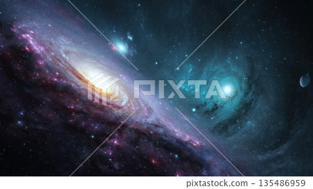 Space background with colorful nebula Galaxy Cloud. Bright galaxy shimmering neon blue purple colors with distant stars. Mysterious alien star system purple green planets orbiting a bright glowing sun 135486959