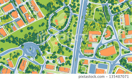 Top down city plan layout with zones and color coded areas. 135487071