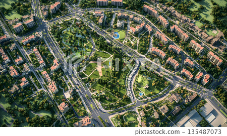 Top down city plan layout with zones and color coded areas. 135487073