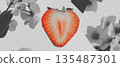 Collage showcases a halved strawberry against a backdrop of flowers and shapes. 135487301