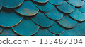Textured fish scale tile pattern showcases decorative curved lines in deep turquoise shades. 135487304