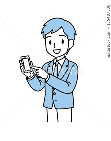 Illustration material of a businessman in a suit pointing at his smartphone Illustration material of a businessman in a suit pointing at his smartphone 135487330
