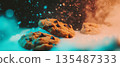 Enjoying cold milk alongside freshly baked chocolate chip cookies for a cozy late night treat. 135487333