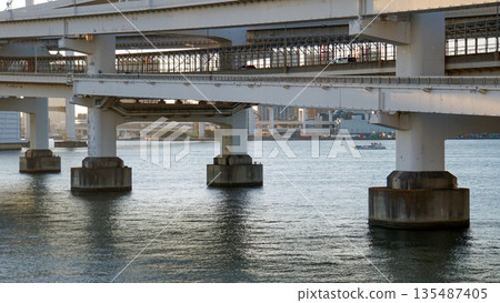 彩虹橋的混凝土橋墩排列在海面上 135487405