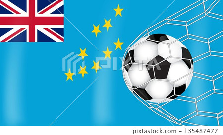 Tuvalu Soccer Background: Waving National Flag with Soccer Ball Hitting Goal Net, Tuvaluan Football Team Sports Graphic for Tournaments and Fans 135487477