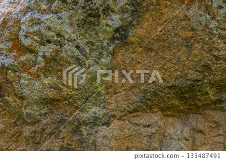Rugged rock covered with lichen in outdoor nature setting Rugged rock covered with lichen in outdoor nature setting 135487491