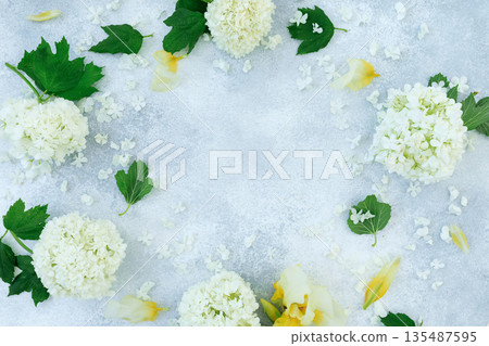 Elegant flowers flat lay on light textured background with copy space Elegant flowers flat lay on light textured background with copy space 135487595