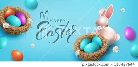 Happy Easter. Festive blue card with a straw nest and a bunny Happy Easter. Festive blue card with a straw nest and a bunny 135487644