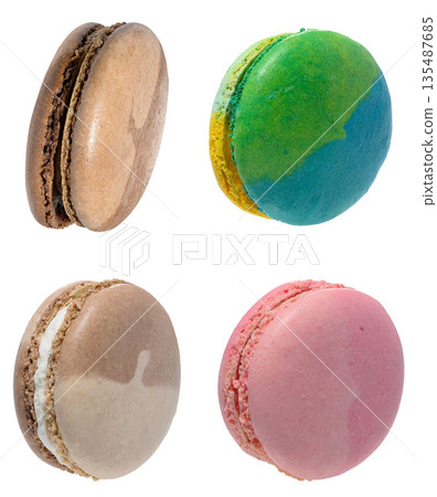 Multicolored macarons on isolated background, close up Multicolored macarons on isolated background, close up 135487685