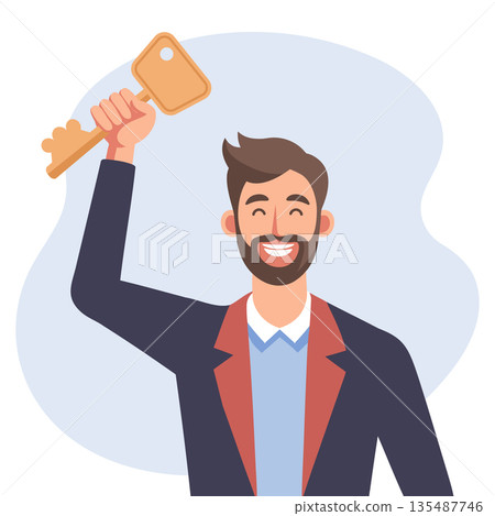Happy man with a key in hand. Smiling young man holding key to new house or apartment. Business concept illustration. Ownership concept. Happy man with a key in hand. Smiling young man holding key to new house or apartment. Business concept illustration. Ownership concept. 135487746