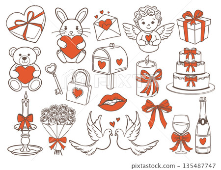 Sweet Valentines Day line art icons set. Romantic collection of hand drawn love elements. Sweet Valentines Day line art icons set. Romantic collection of hand drawn love elements. 135487747