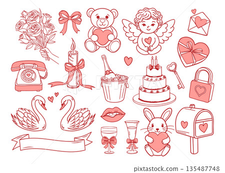 Sweet Valentines Day line art icons set. Romantic collection of hand drawn love elements. 135487748
