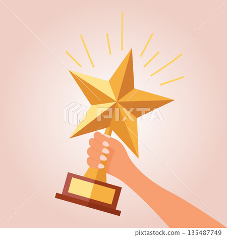 Hand holding a golden star trophy for achievement. Winner symbol illustration. Hand holding a golden star trophy for achievement. Winner symbol illustration. 135487749