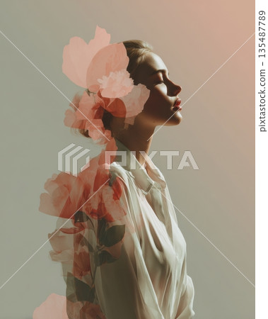 Artistic Female Portrait with Floral Double Exposure Artistic Female Portrait with Floral Double Exposure 135487789