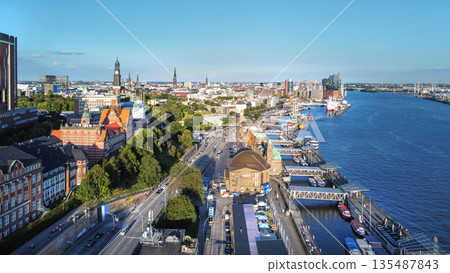 Downtown of Ha,mburg - drone view in summer and Norderelbe. Downtown of Ha,mburg - drone view in summer and Norderelbe. 135487843