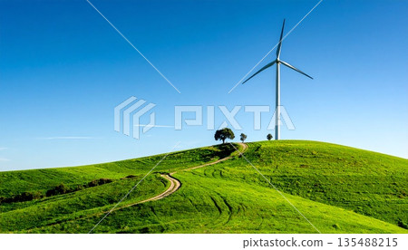 White wind turbines standing on a green hill 135488215