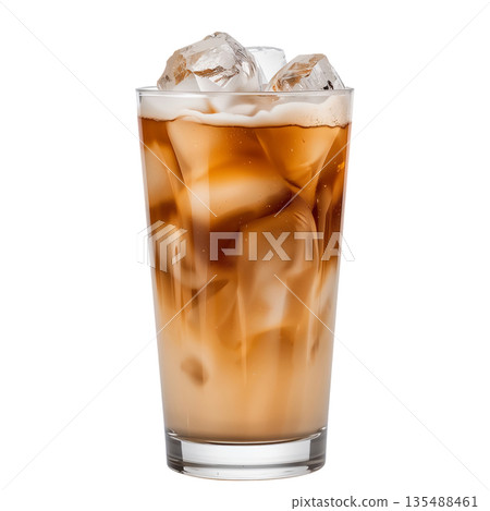 Iced Coffee Drink Served in a Glass With Ice Cubes and Layered Colors in the Morning Light 135488461