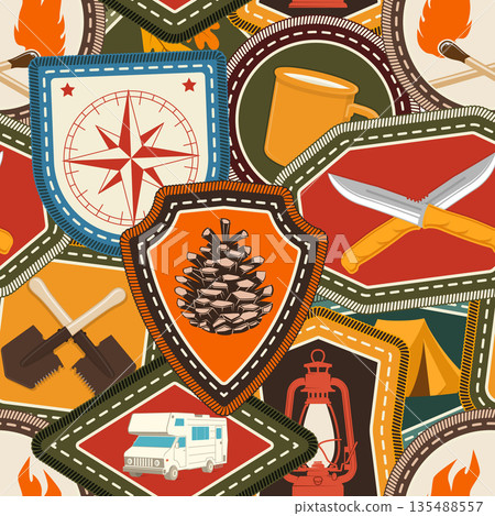 Set of Scout seamless pattern or background. Texture, wallpapers with compass, camping mug, pine cone, kayak boat with paddle, knives. Vector. Merit patch, sticker for camping outdoor and academic 135488557
