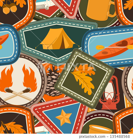 Set of Scout seamless pattern or background. Texture, wallpapers with compass, camping mug, pine cone, kayak boat with paddle, knives. Vector. Merit patch, sticker for camping outdoor and academic 135488568