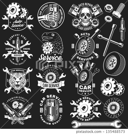 Auto service logo, emblems, badges and icons. Vector. For expert service car repair center, restoration and car club with wrench, gears, spark plug, skull, automobile tools pistons silhouette Auto service logo, emblems, badges and icons. Vector. For expert service car repair center, restoration and car club with wrench, gears, spark plug, skull, automobile tools pistons silhouette 135488573