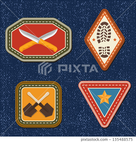 Scout badge with knives, camper shovels, boot print, footprint. Vector. Merit patch, sticker for camping outdoor and academic activities Scout badge with knives, camper shovels, boot print, footprint. Vector. Merit patch, sticker for camping outdoor and academic activities 135488575