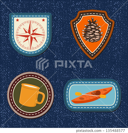 Set of Scout badge with compass, camping mug, pine cone, kayak boat with paddle. Vector. Merit patch, sticker for camping outdoor and academic activities 135488577