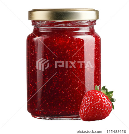 Fresh Strawberry Jam in Glass Jar With Whole Strawberry on the Side 135488658