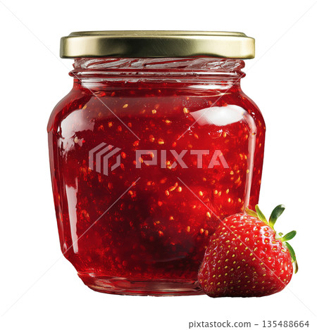 Fresh Strawberry Jam in Glass Jar With Whole Strawberry on the Side 135488664