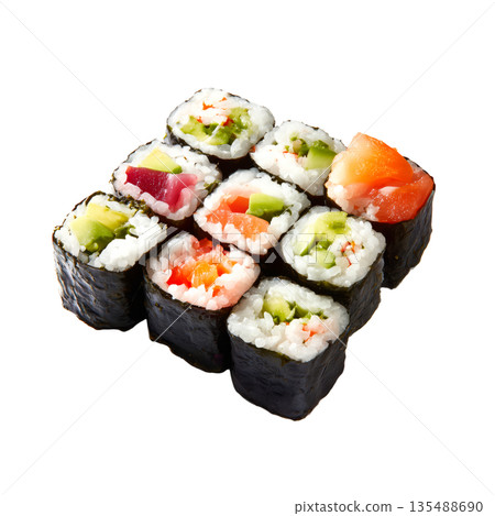 Assorted Sushi Rolls With Fresh Ingredients on a White Background Ready for Serving 135488690
