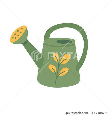Green watering can illustration representing plant care routines, outdoor gardening activities, and sustainable home hobbies Green watering can illustration representing plant care routines, outdoor gardening activities, and sustainable home hobbies 135488769