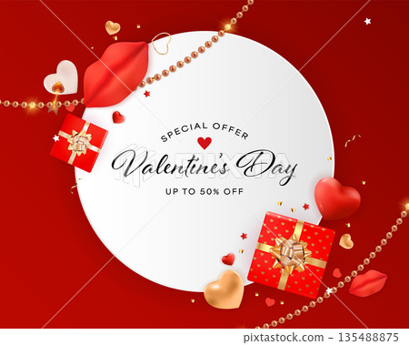 Valentine sale banner with hearts gifts circular frame Vector Illustration EPS10 Valentine sale banner with hearts gifts circular frame Vector Illustration EPS10 135488875