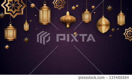 Eid al Adha greeting with lanterns festive background. Vector Illustration EPS10 Eid al Adha greeting with lanterns festive background. Vector Illustration EPS10 135488884